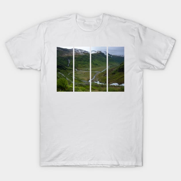 Wonderful landscapes in Norway. Vestland. Beautiful scenery from the Myrkdalen Viewpoint.  Mountains, road, rocks, stream, houses, waterfall and snow in background. Cloudy day. T-Shirt by fabbroni-art